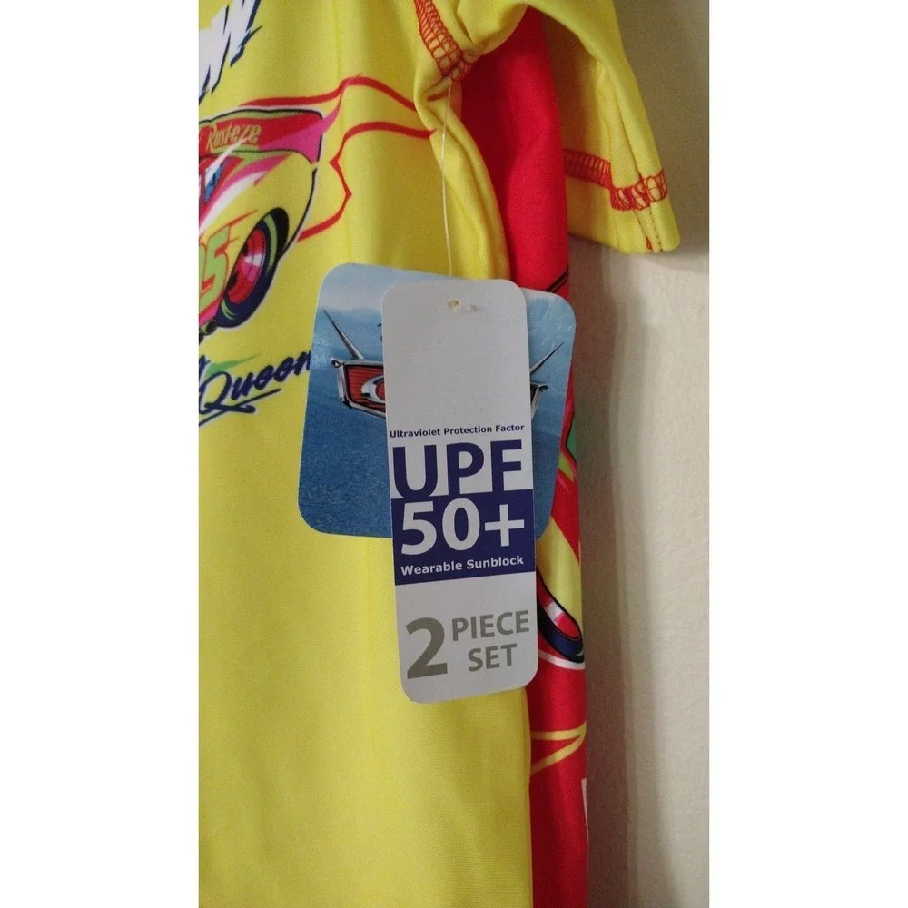 Disney Pixar Cars Lightning McQueen Rash Guard Swim Trunks Set Yellow Red 4T